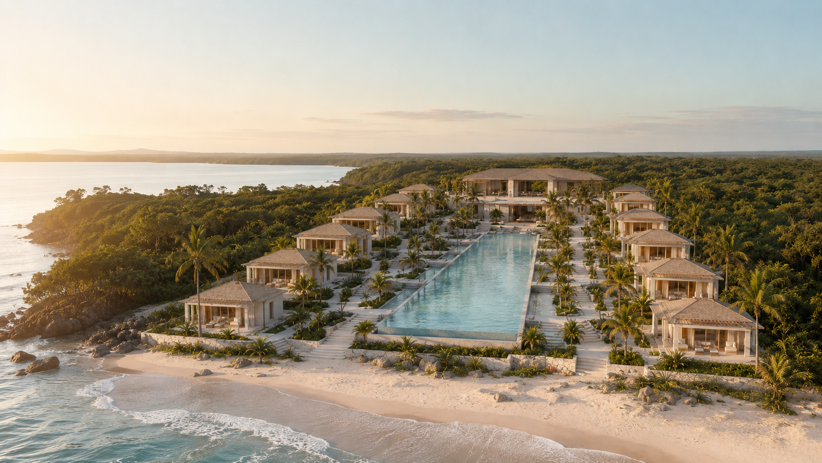 Architectural vision of Villa San Juan with a main villa, infinity pool and twelve tropical cabanas beside the Pacific